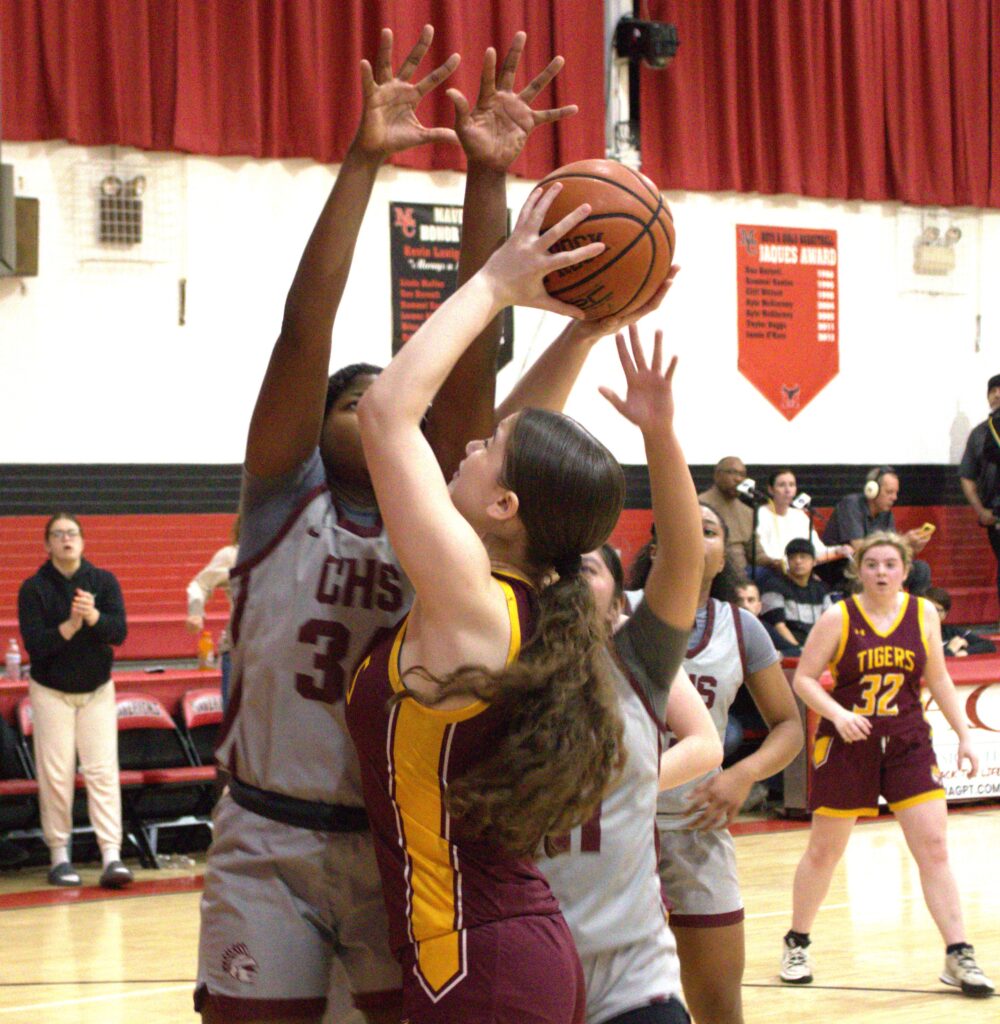 A girl is competing in the first round of the Borough President's Cup by attempting to block a basketball.