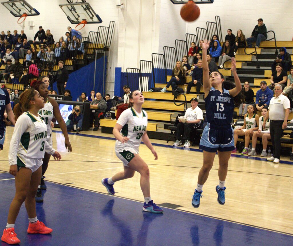 A group of girls competing in the S.I. High School Girls' Borough President's Tournament championship basketball game at Sea Hill.